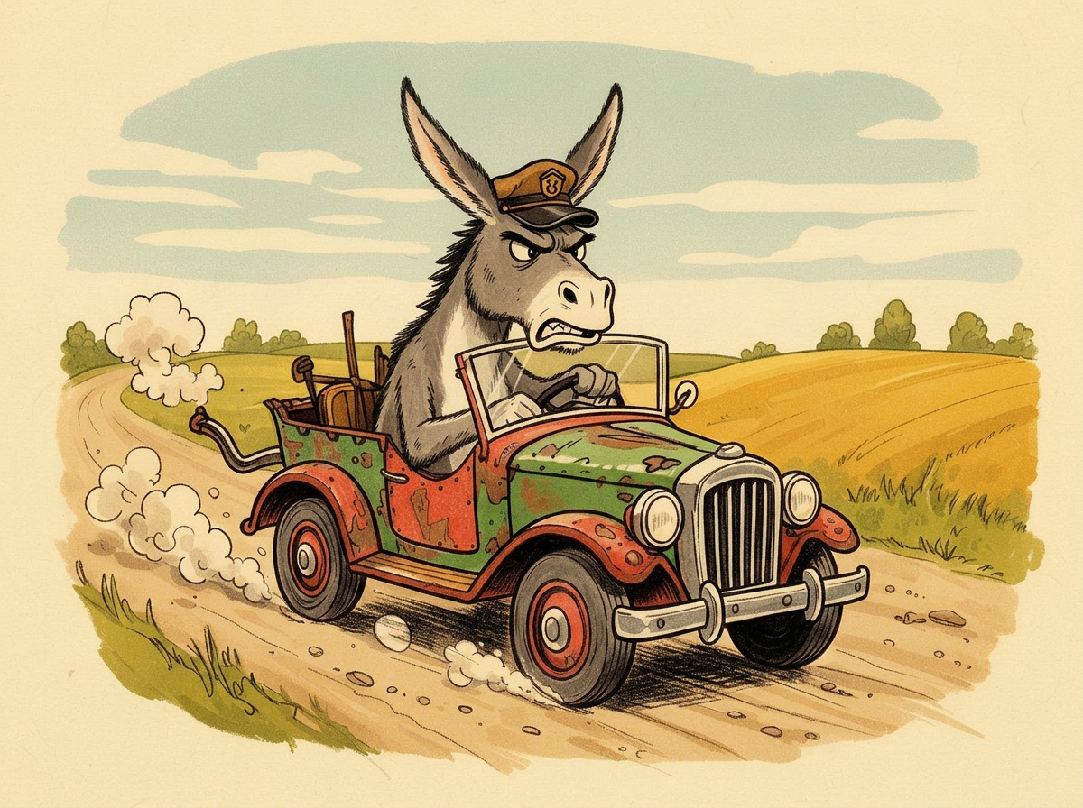 A grumpy old donkey in a driver's cap behind the wheel of a rickety jalopy on a country road.